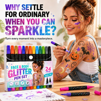📢 BUY 2 GET 1 FREE! ⏰ 24-Color Face & Body Glitter Marker Set with Dual Tips – Skin-Safe, Sweat-Resistant & Dazzling Sparkle ✨