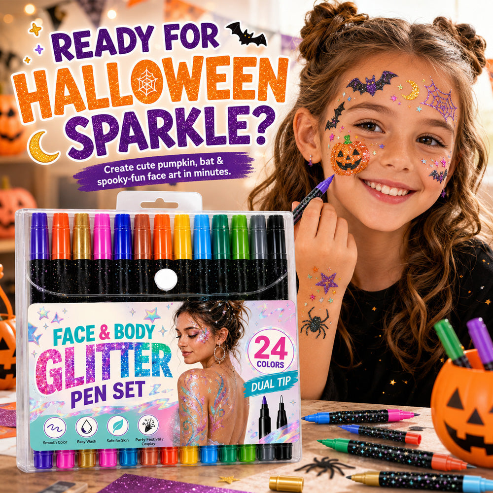 📢 BUY 2 GET 1 FREE! ⏰ 24-Color Face & Body Glitter Marker Set with Dual Tips – Skin-Safe, Sweat-Resistant & Dazzling Sparkle ✨