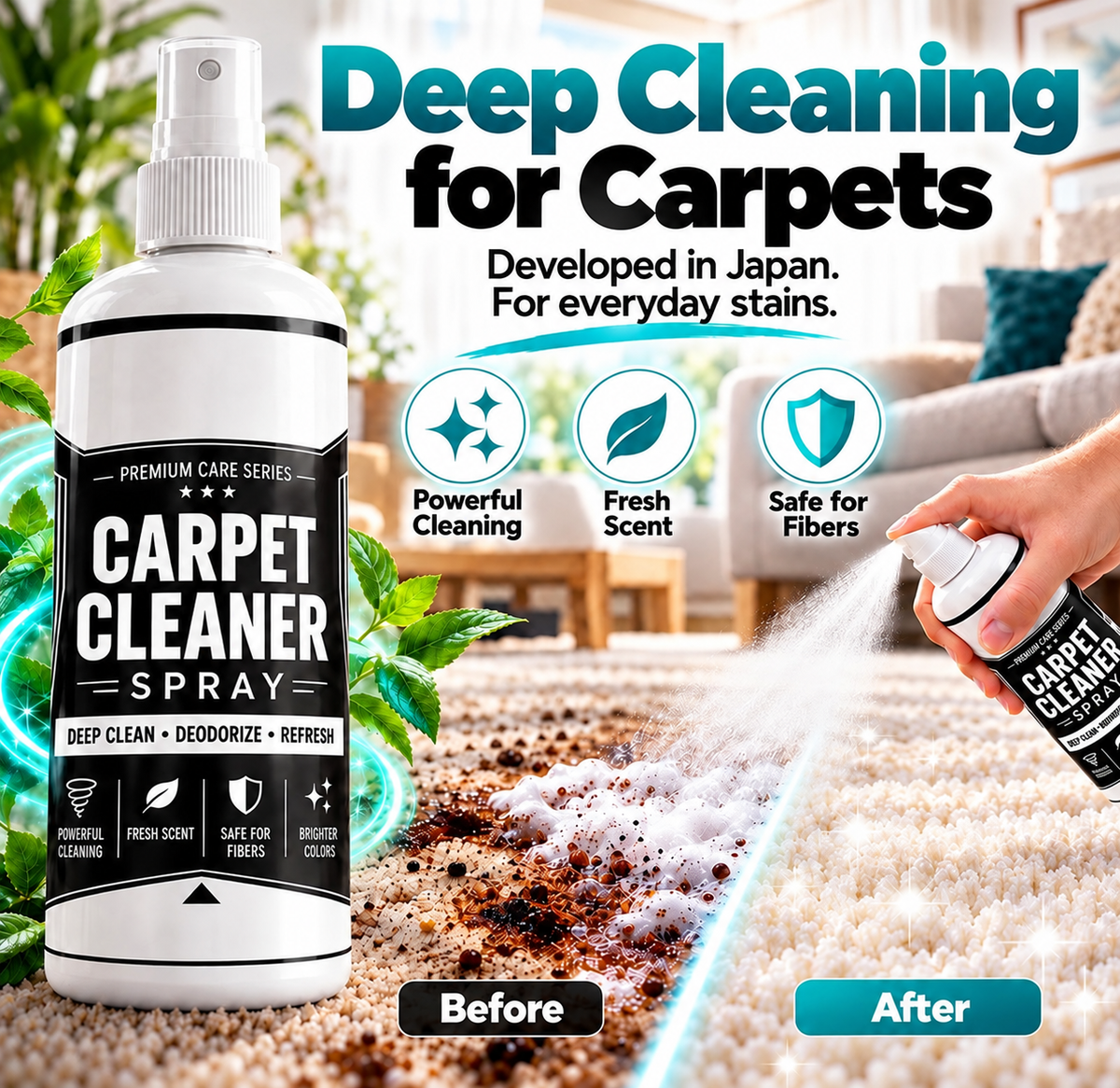 🧼✨ Deep clean carpet spray – lifts tough stains, neutralizes odors instantly!