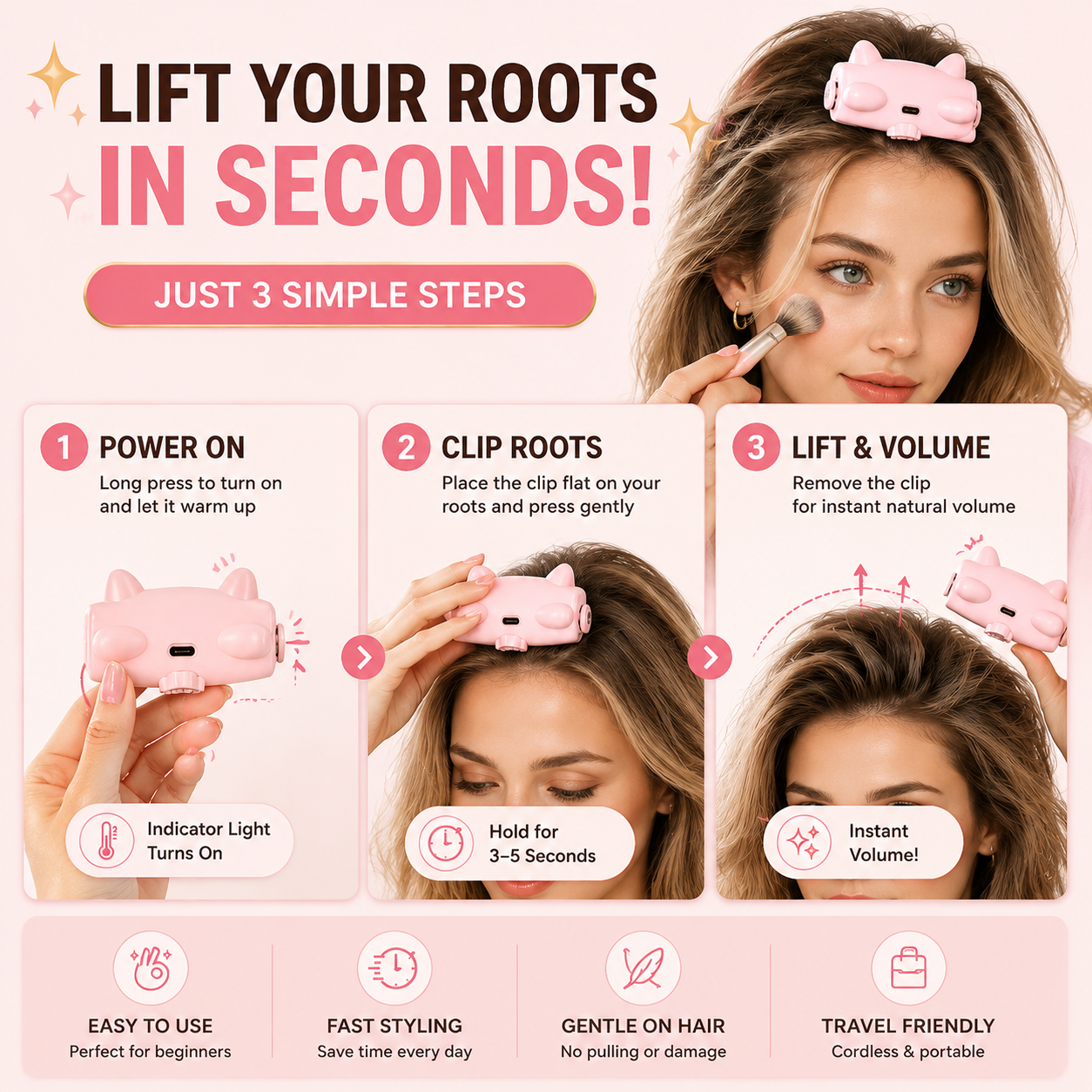 💇 Wireless Heated Volumizing Root Lift Clip, Portable Travel Hair Styling Tool for Flat Fine Hair