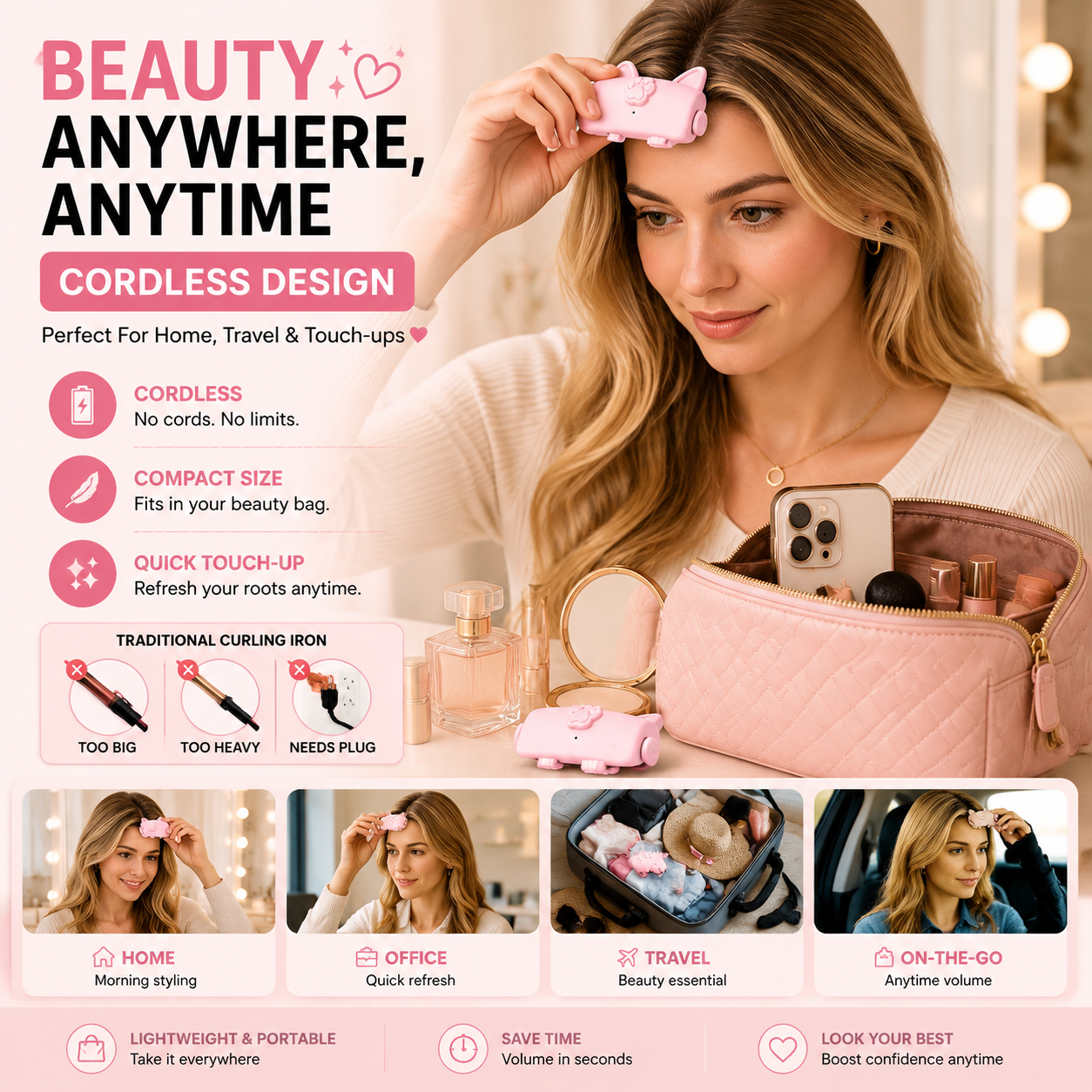 💇 Wireless Heated Volumizing Root Lift Clip, Portable Travel Hair Styling Tool for Flat Fine Hair