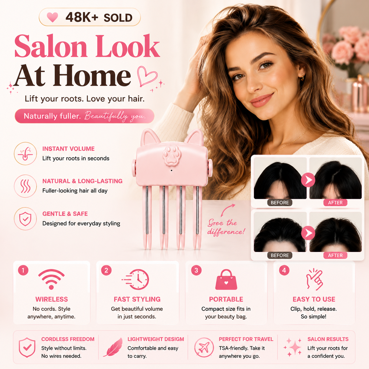 💇 Wireless Heated Volumizing Root Lift Clip, Portable Travel Hair Styling Tool for Flat Fine Hair