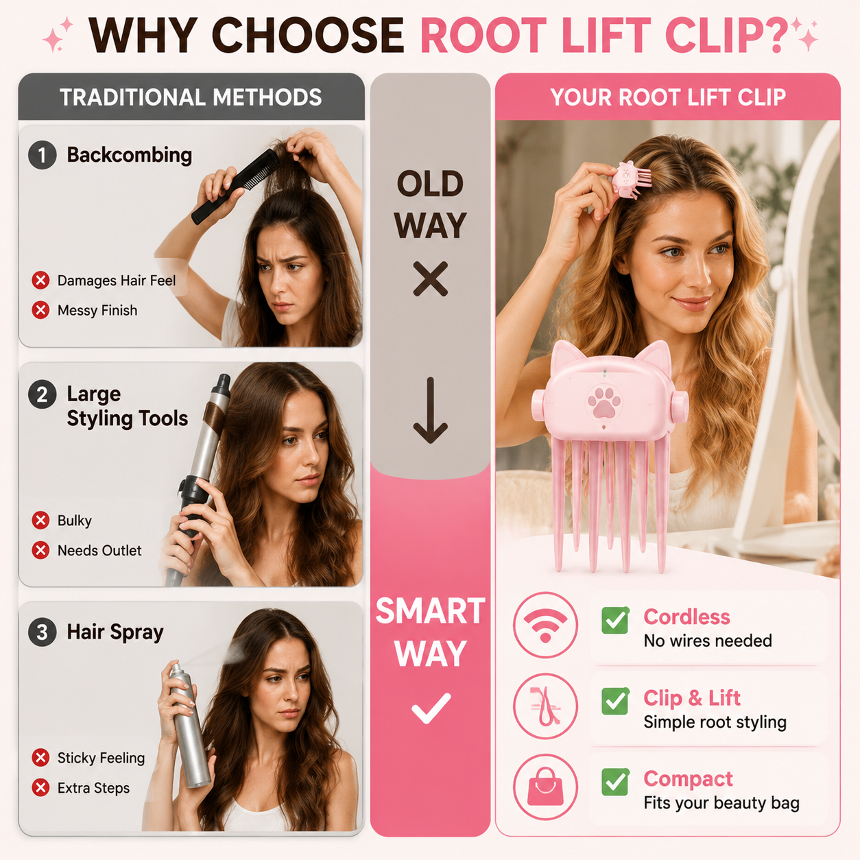 💇 Wireless Heated Volumizing Root Lift Clip, Portable Travel Hair Styling Tool for Flat Fine Hair