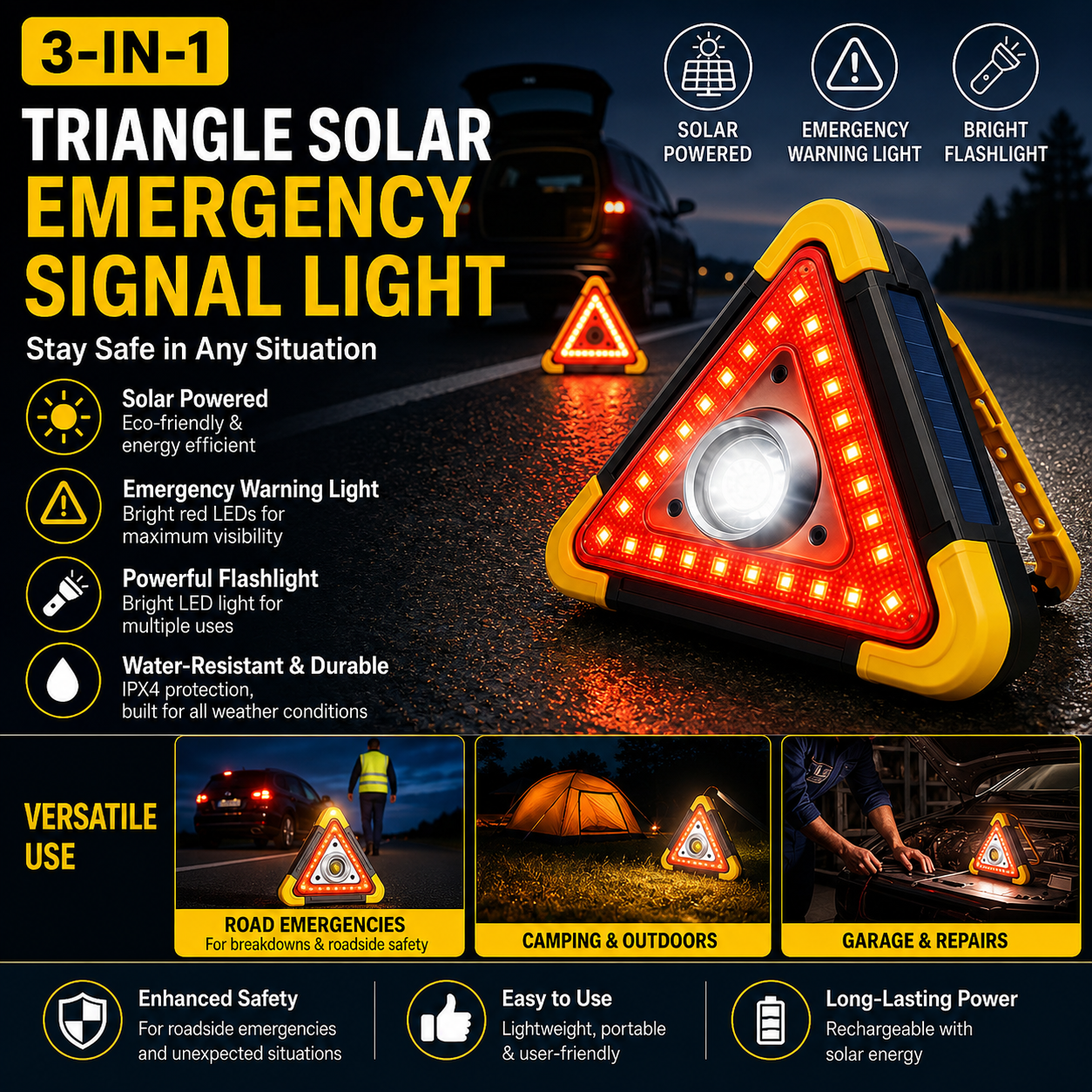 🚗3-in-1 Solar Emergency Light for Cars & Camping 🆘